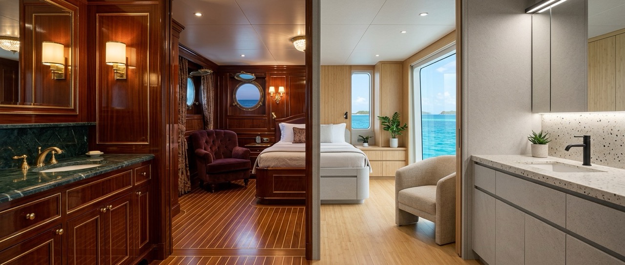 Popular yacht interior design styles including classic, modern, minimalist, and Mediterranean.