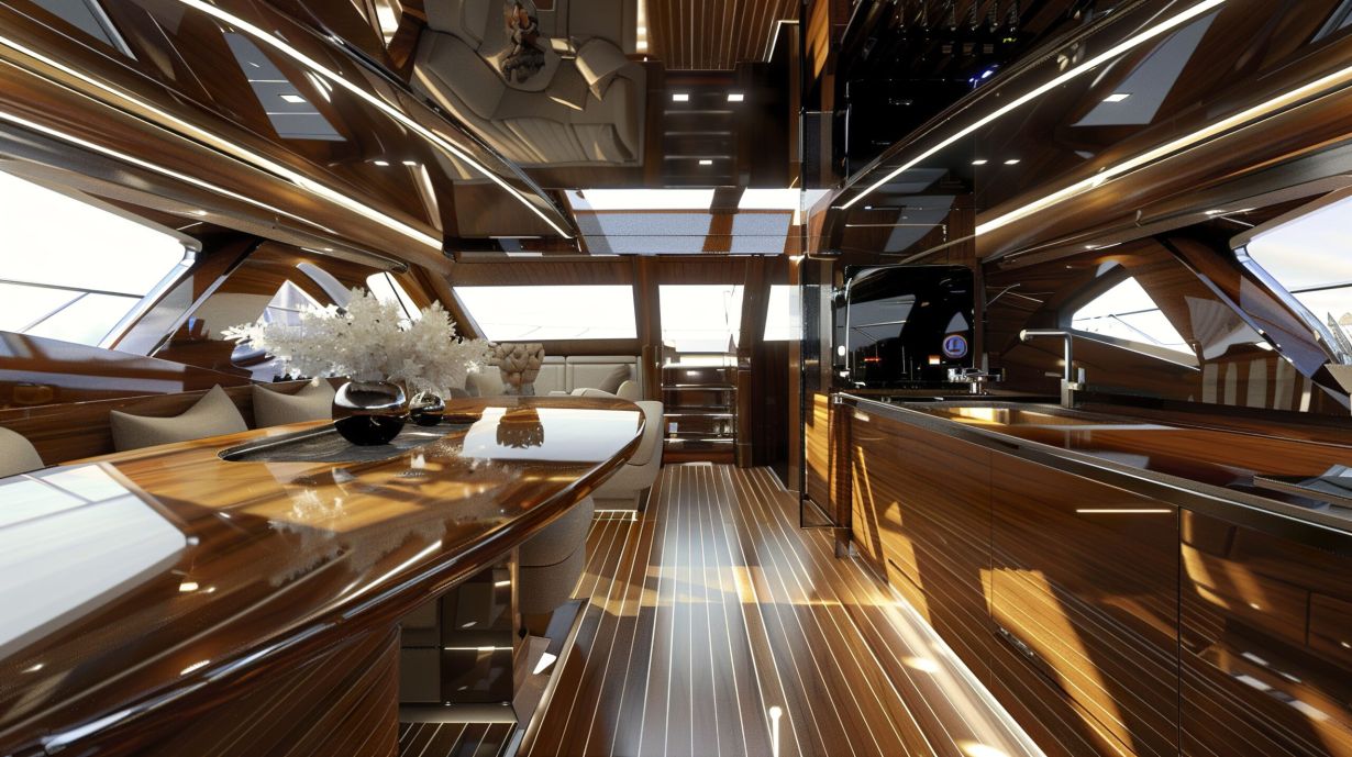 A masterfully restored yacht cabin with elegant furnishings and high-end finishes